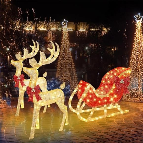 3 Piece Lighted Christmas Reindeer and Sleigh 4 ft Reindeer and Sleigh (Gold) - Picture 1 of 7